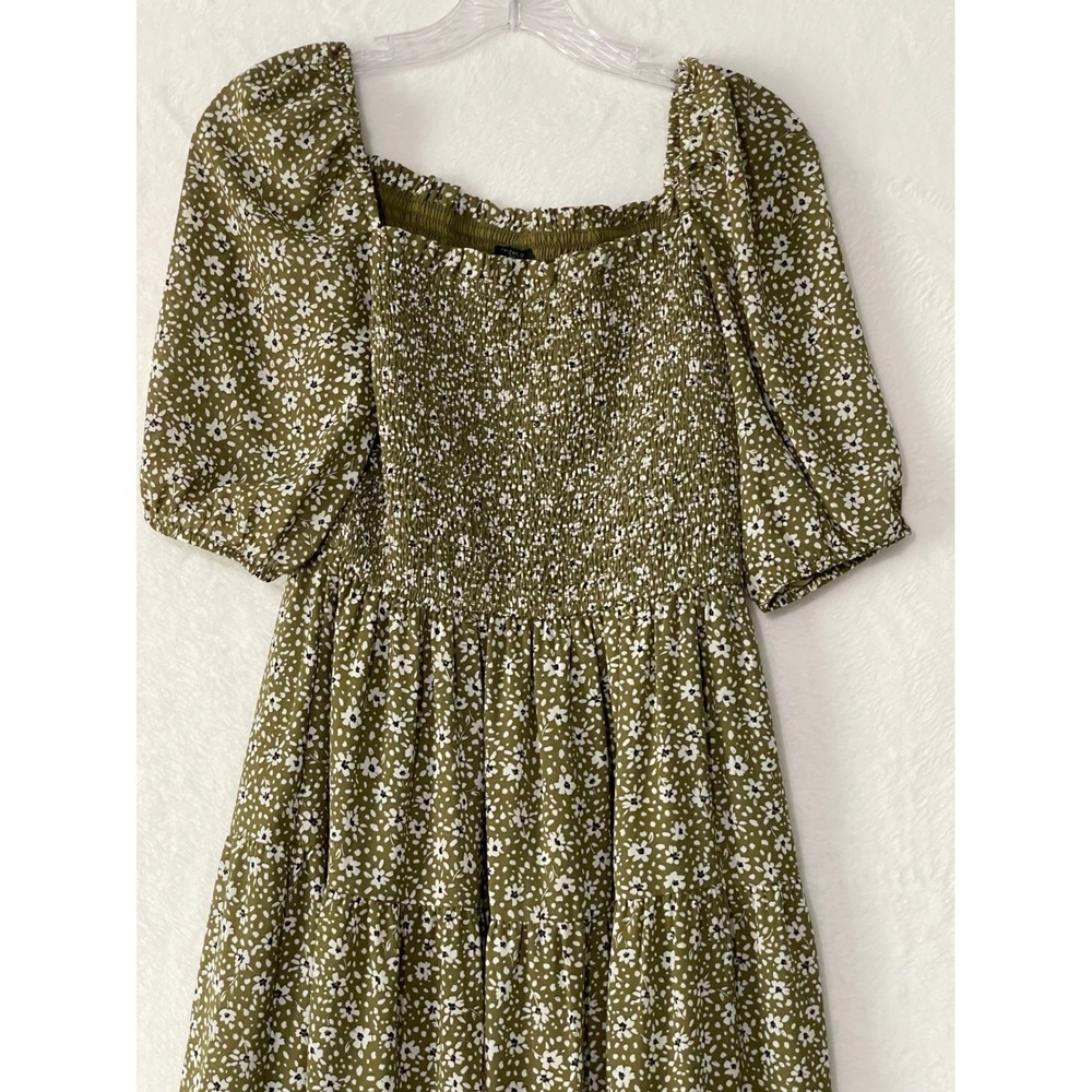 Ann Taylor Petite Olive Green Floral Smocked Tiered Midi Dress 0P Boho Prairie - Picture 3 of 6